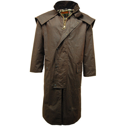 Brown Game Wax Stockman Long Cape with a hood on a white background