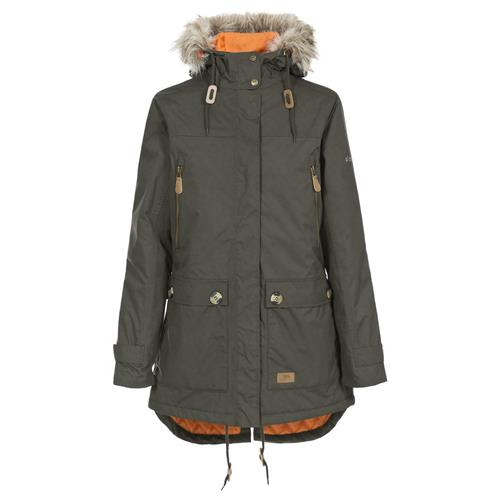 Green Trespass Clea Waterproof Parka Jacket with fur-lined hood on a white background