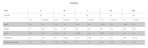 Size chart for women's clothing with measurements in centimeters and inches.