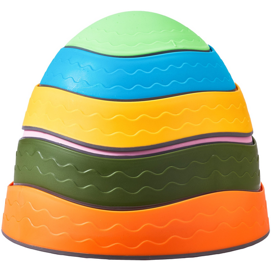 Colorful exercise ball with striped pattern on a white background