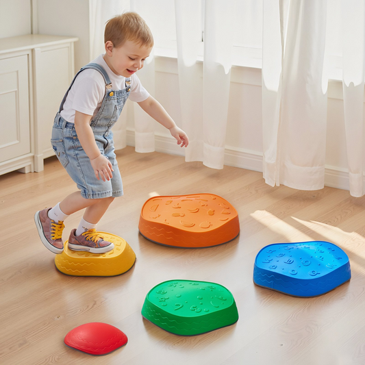 Child playing with colorful stepping stones on a wooden floor