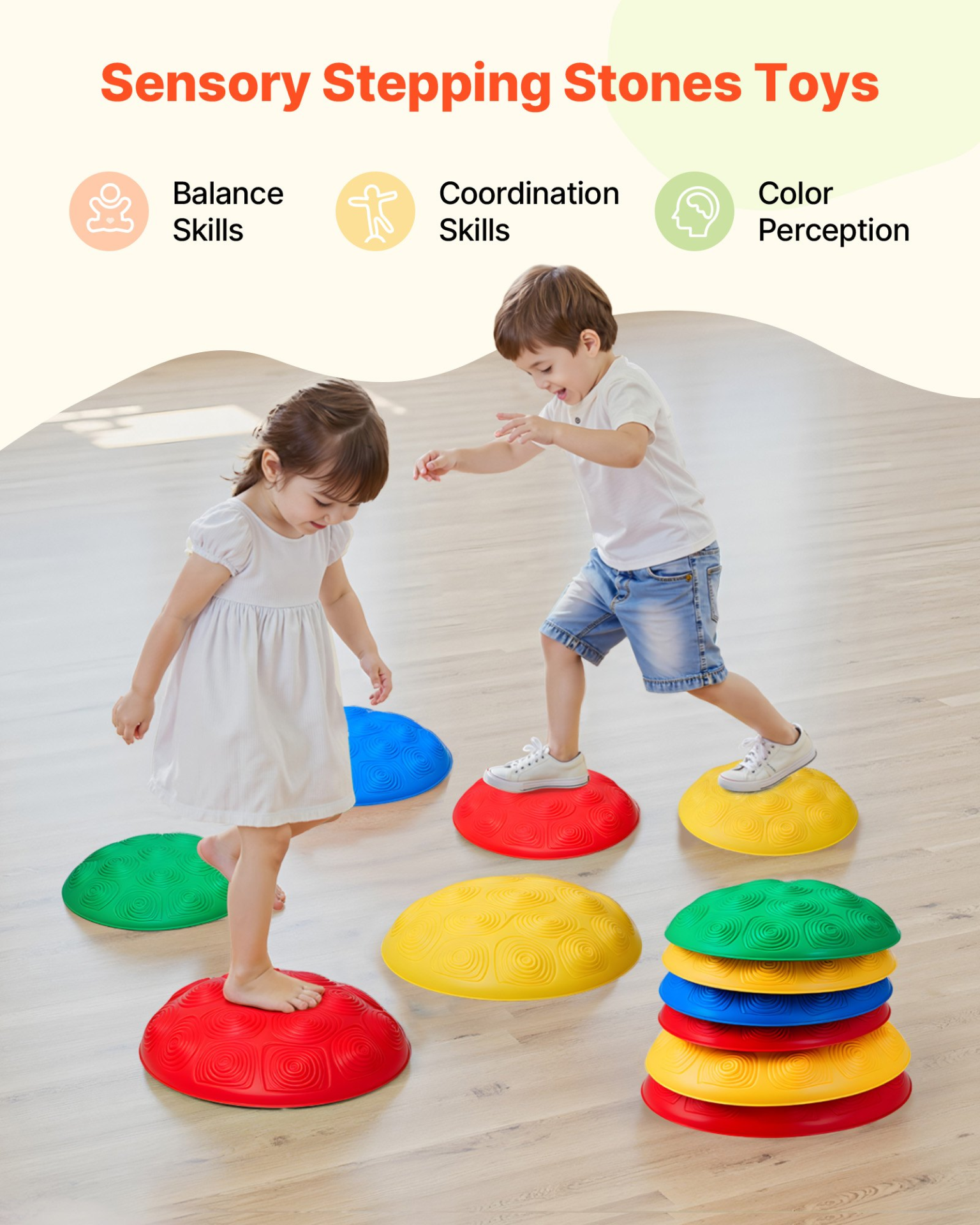 Children playing with colorful sensory stepping stones toys on a wooden floor.