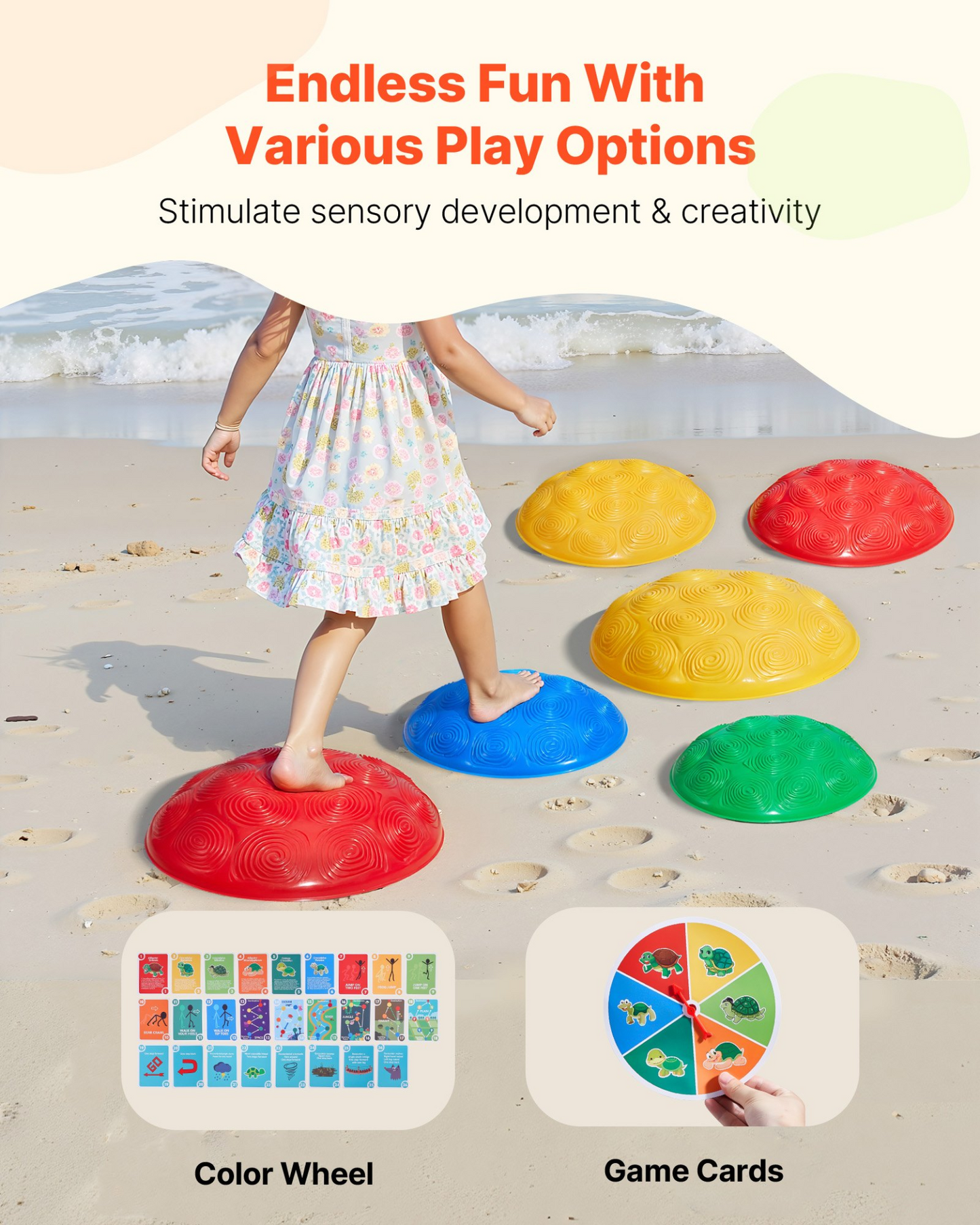 Child playing on colorful stepping stones by the beach with text about sensory development and creativity.