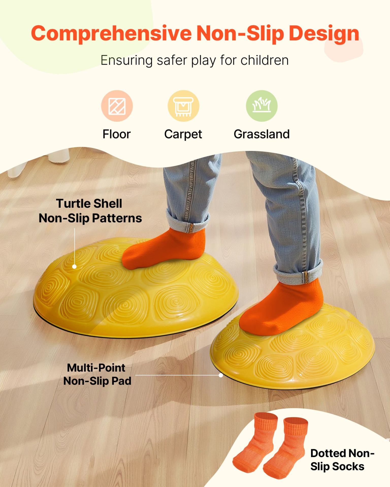 Yellow non-slip mat with turtle shell patterns and text about safer play for children on various surfaces.