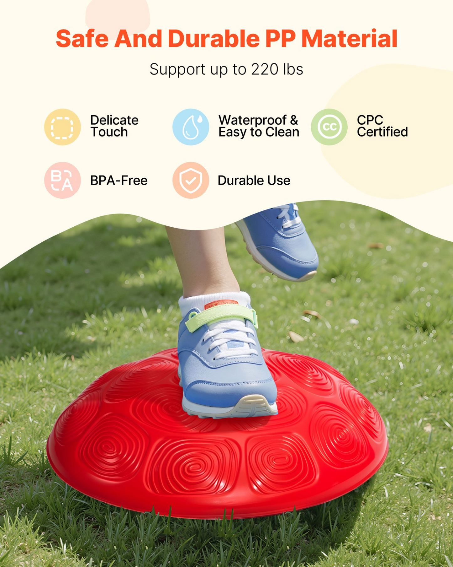 Red balance stepping stone with a child's feet on it, placed on grass, with text about material and features.