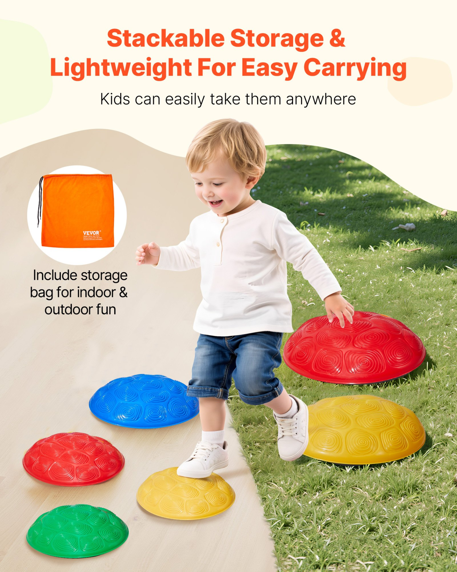 Child playing with colorful stepping stones on a grassy area with text about stackable storage and carrying. Indoor or outdoor fun.