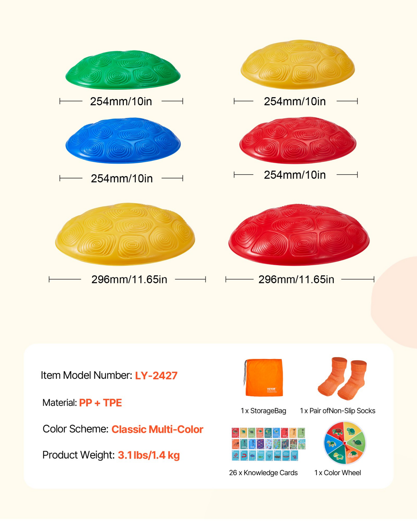 Colorful turtle stepping stones with dimensions and product details on a white background
