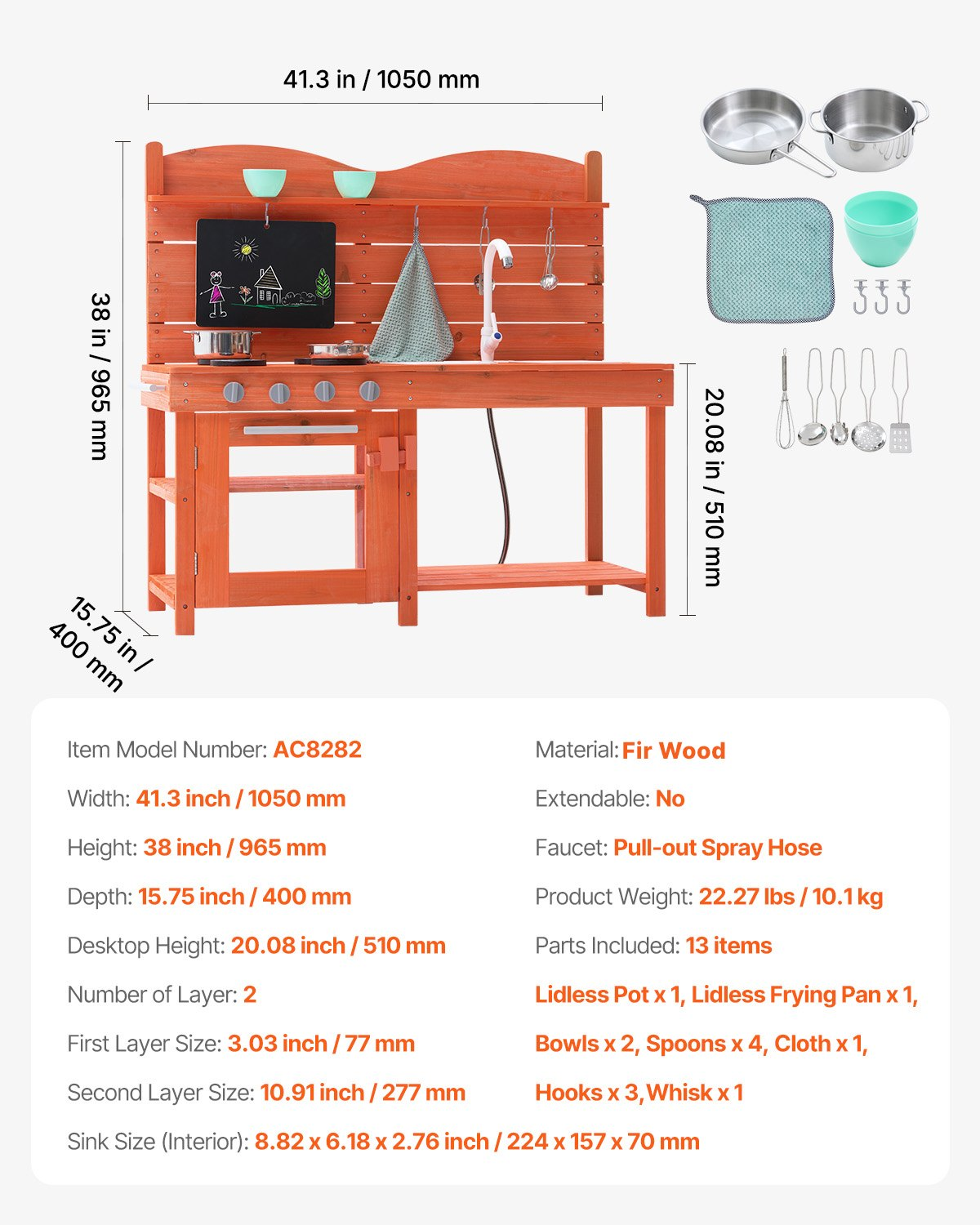 Play kitchen set with dimensions and included items on a white background