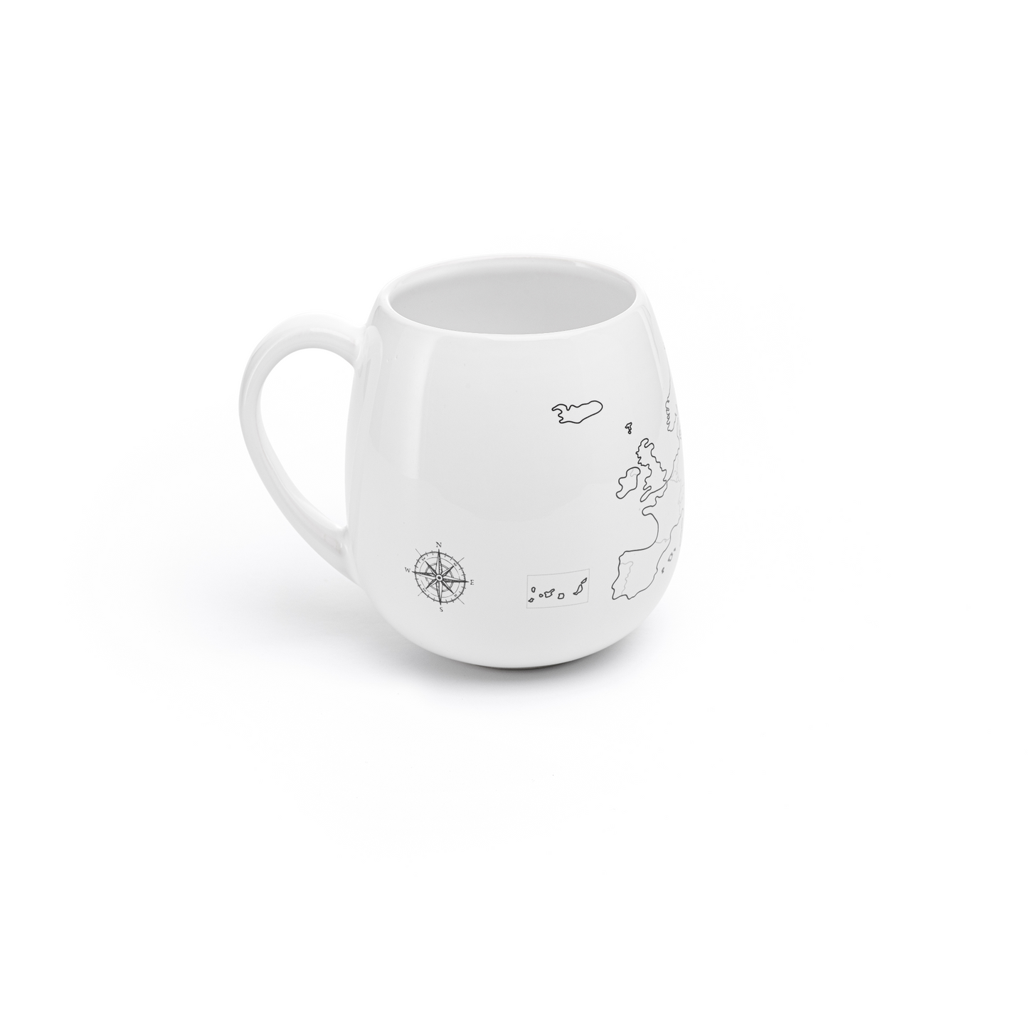 White mug with black illustrations and world map on a white background
