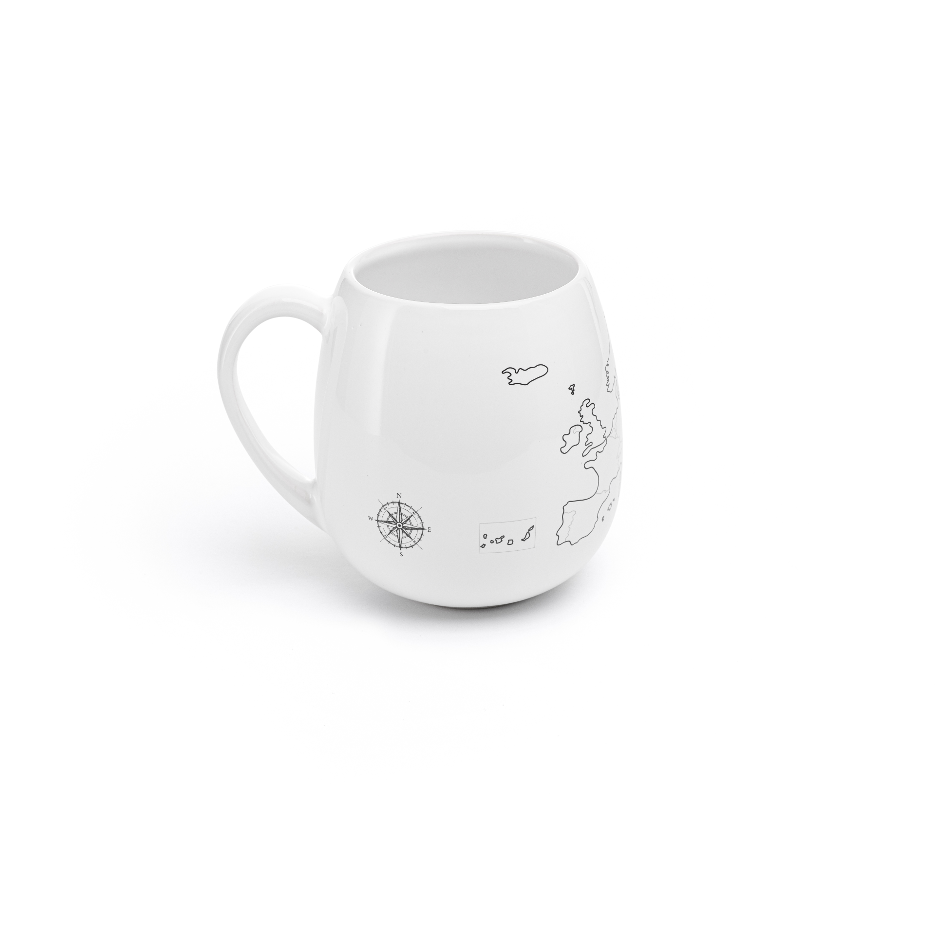 White mug with black illustrations and world map on a white background