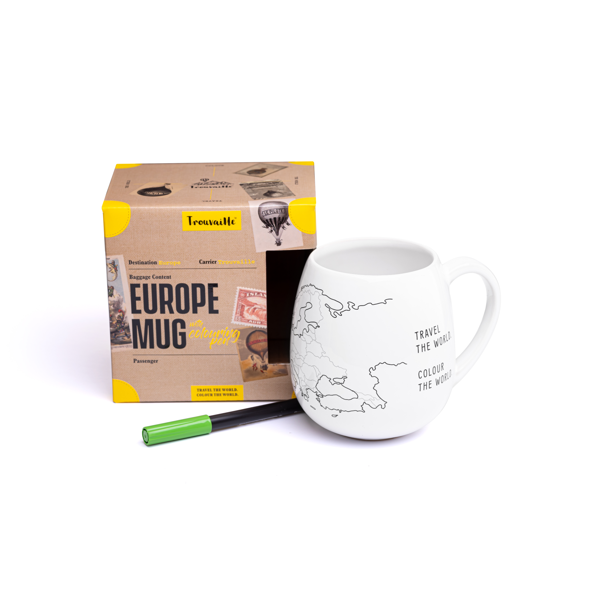 White mug with an european map design, green pen, and cardboard box on a white background