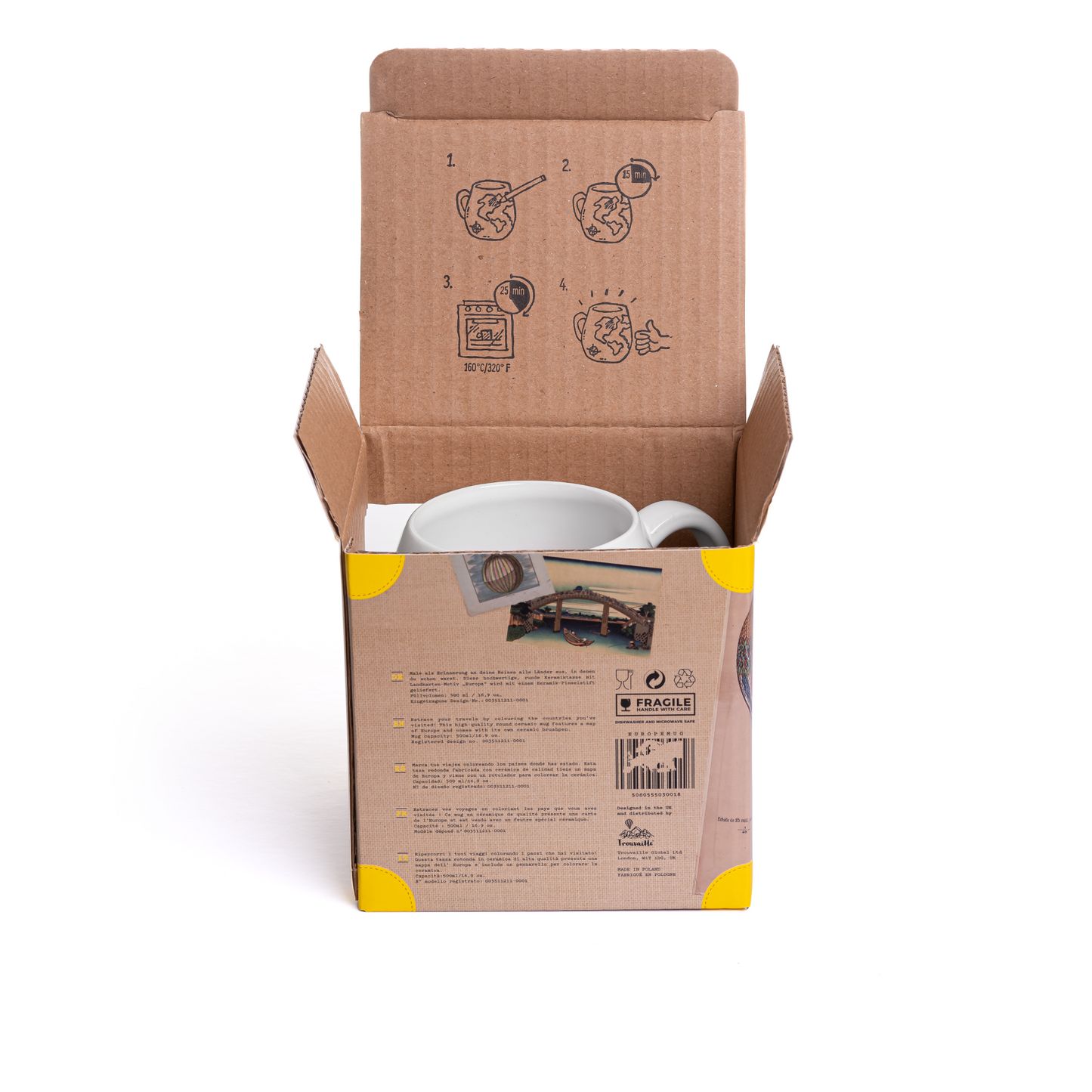 Cardboard box with a white mug inside on a white background