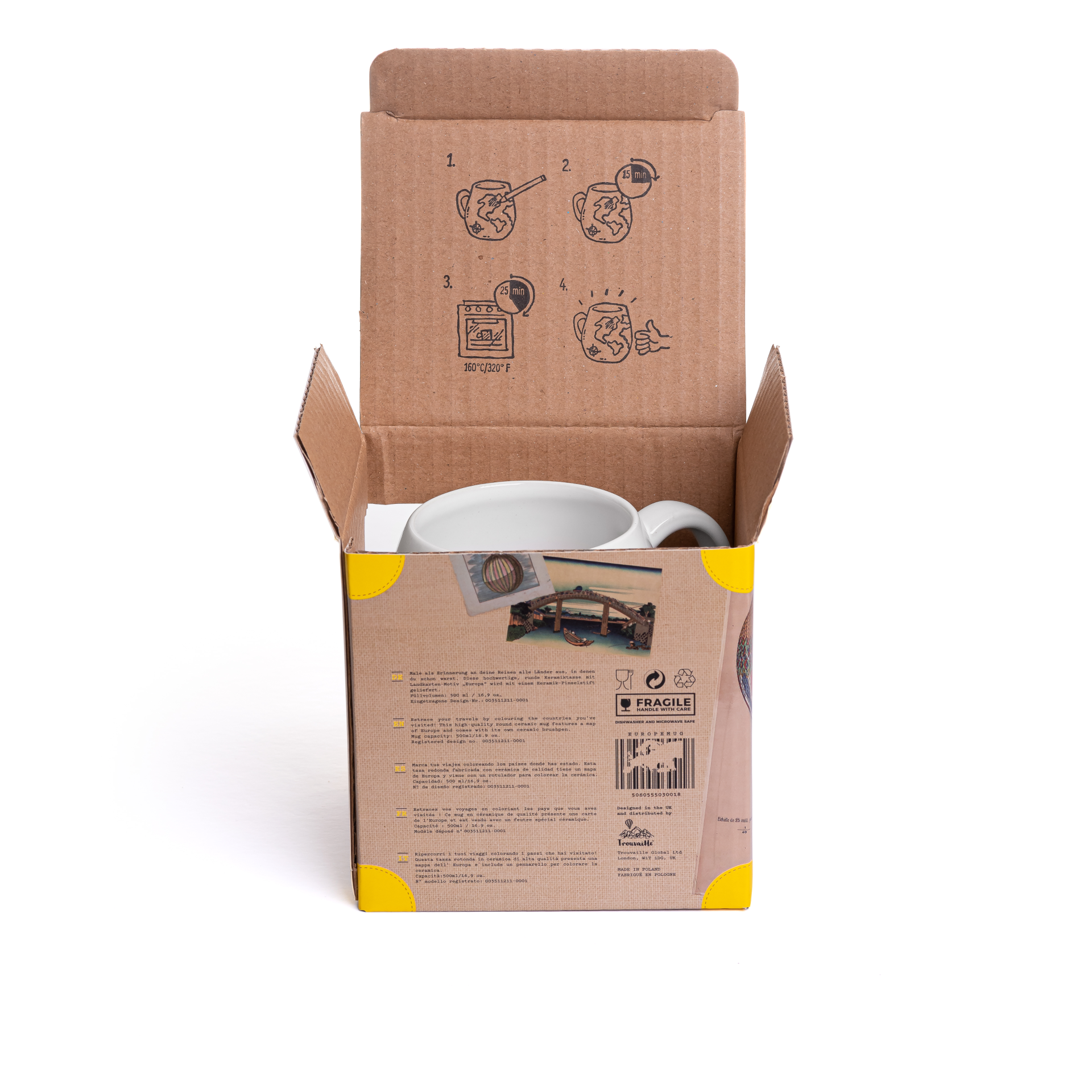 Cardboard box with a white mug inside on a white background