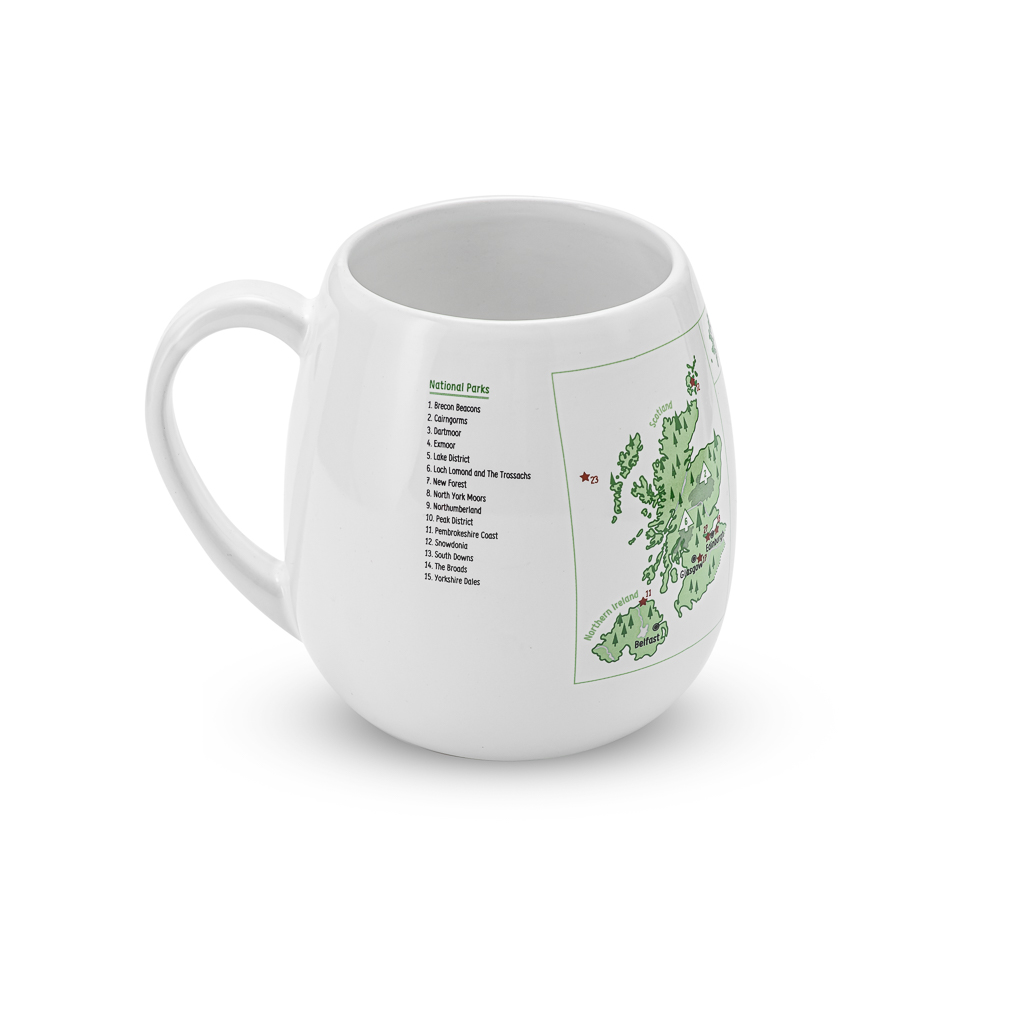 White mug with a map of Scotland and Northern Ireland printed on it, featuring green ink.