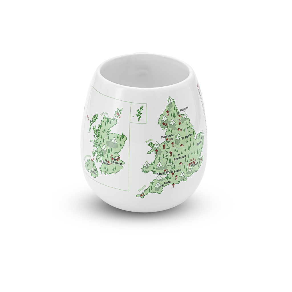 White mug with green UK map (England, Wales, Scotland and Northern Ireland) design on a white background