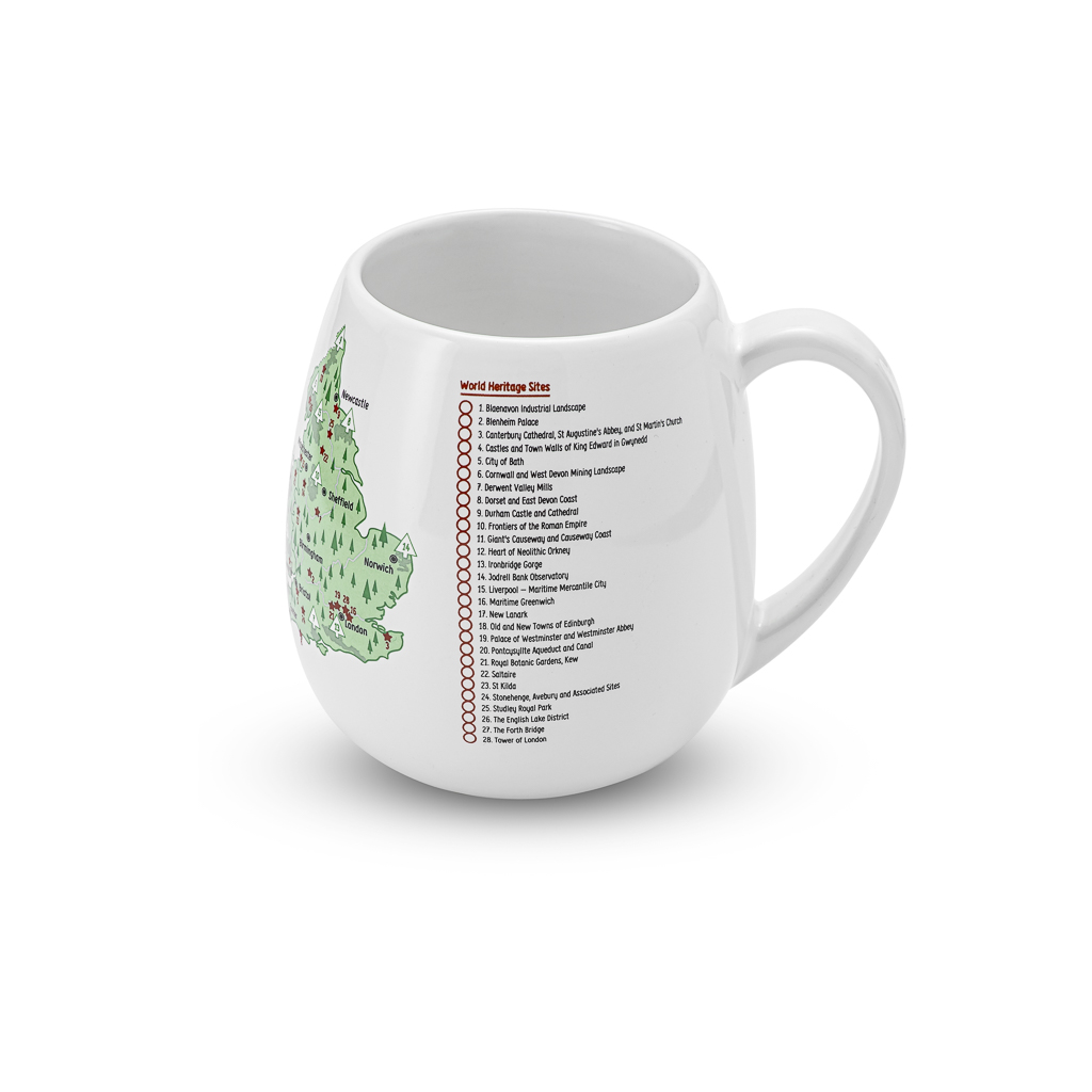 White mug with a map and text list on a white background