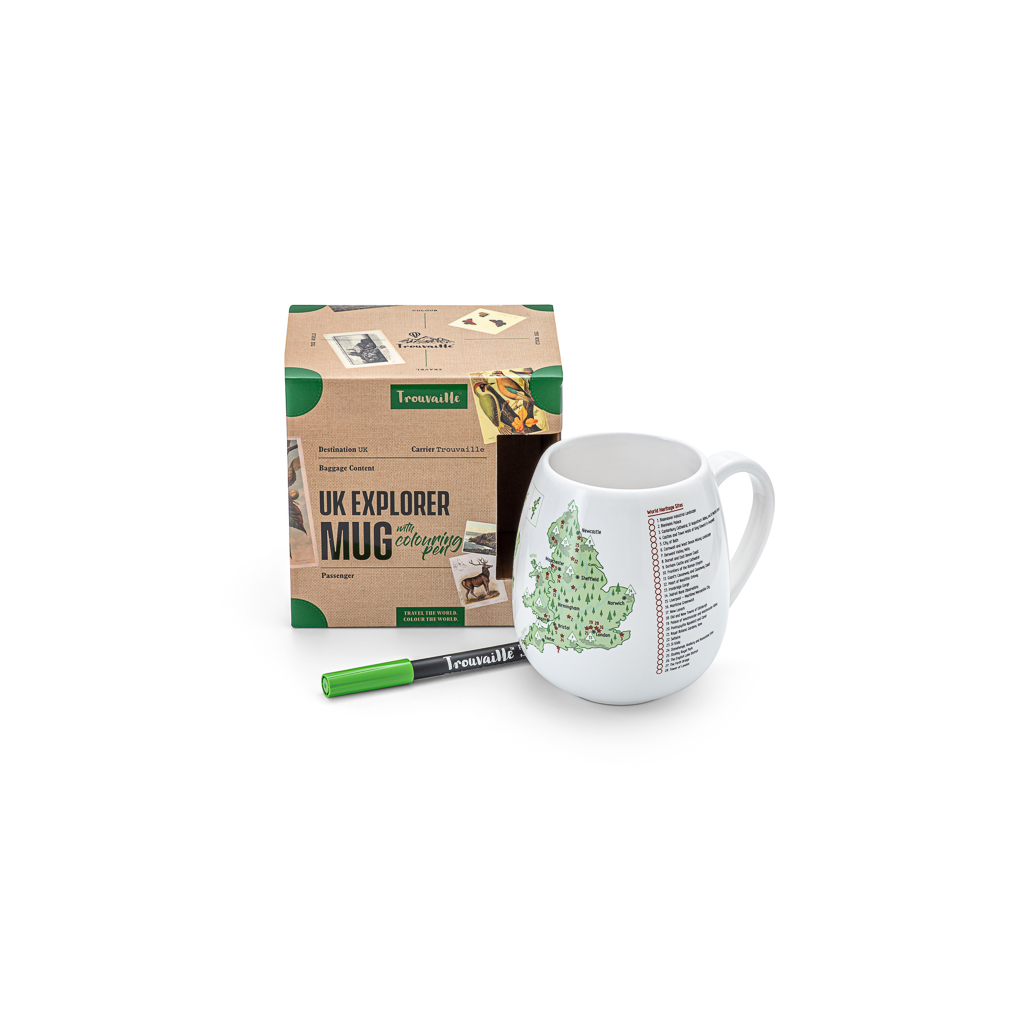 White mug with UK (England) map design, packaging, and pen on a white background