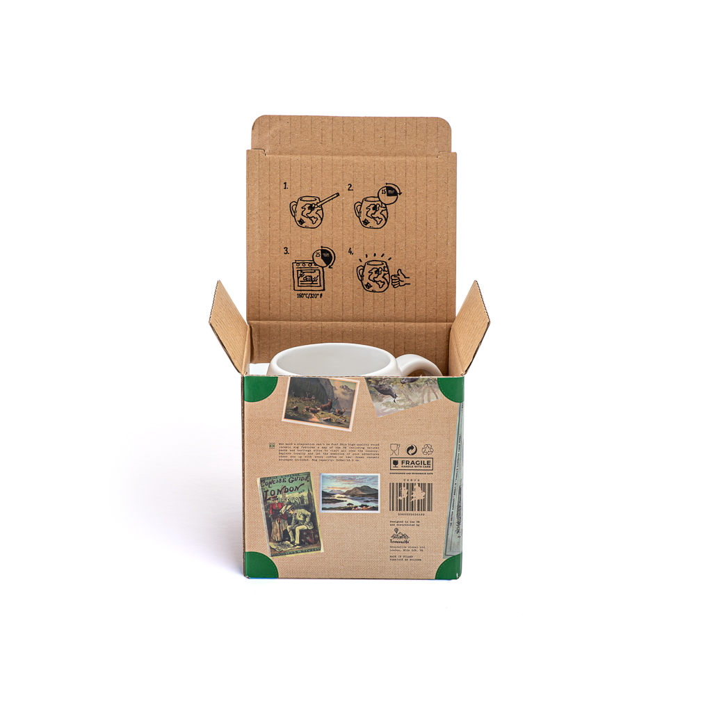 Cardboard box with a white mug on a white background