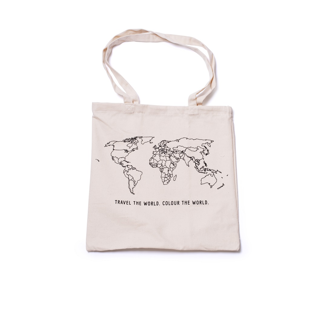 Tote bag with world map design and text on a white background