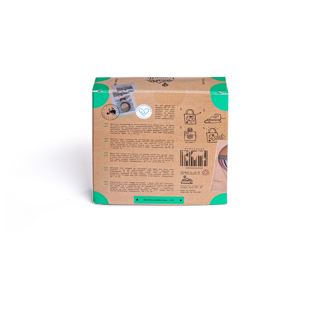World tote bag cardboard packaging box with text and graphics on a white background