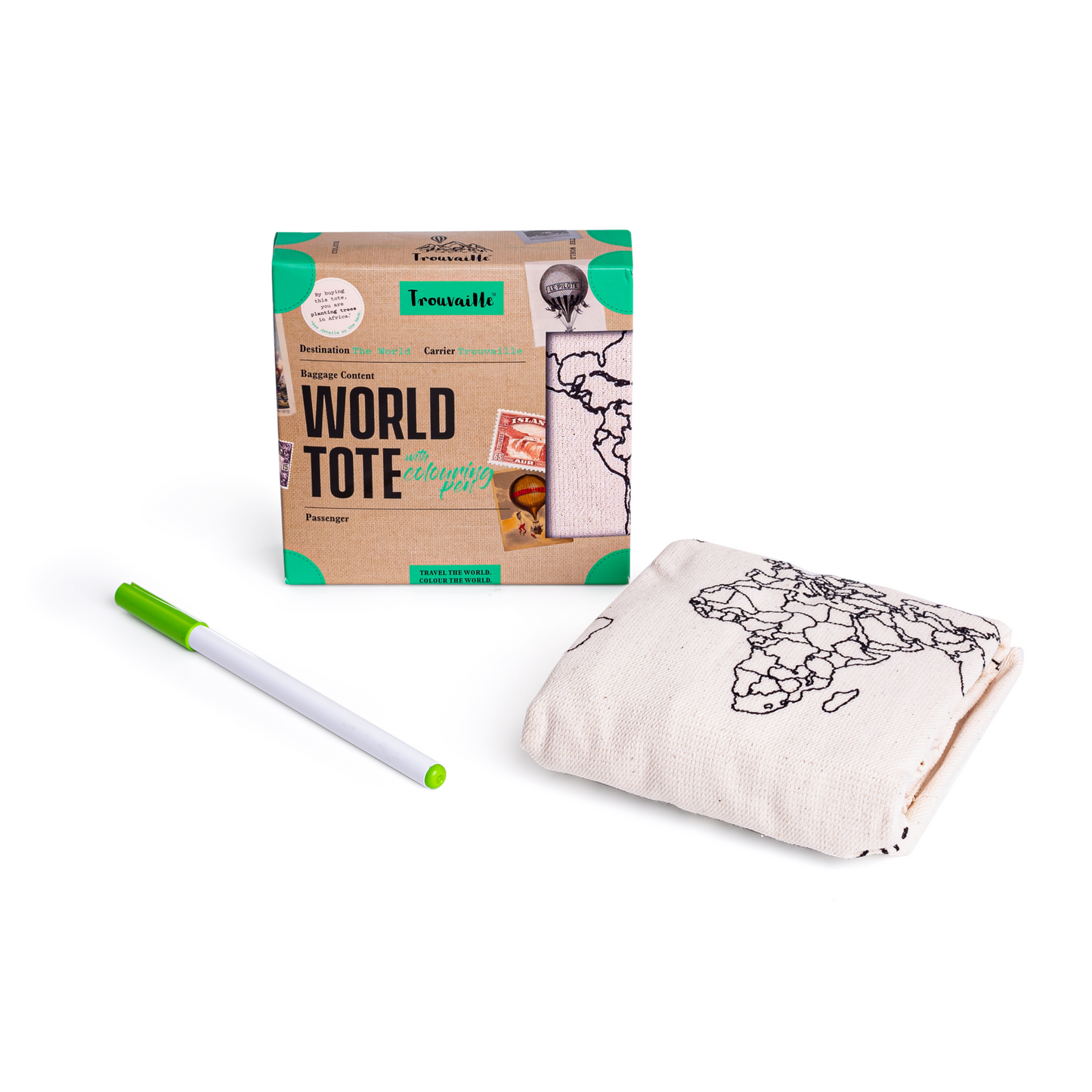 World tote bag with packaging and marker on a white background