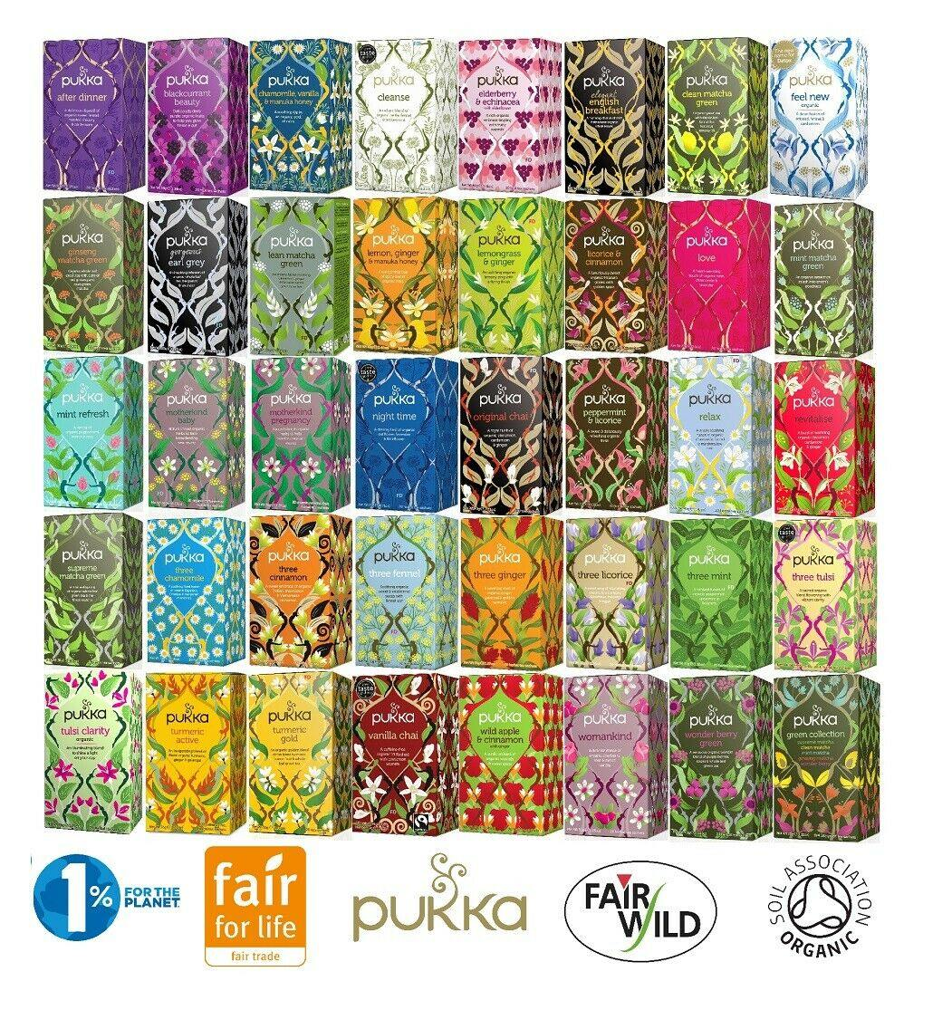 Collection of Pukka tea boxes in various designs with Fair for Life and Fair Wild logos.