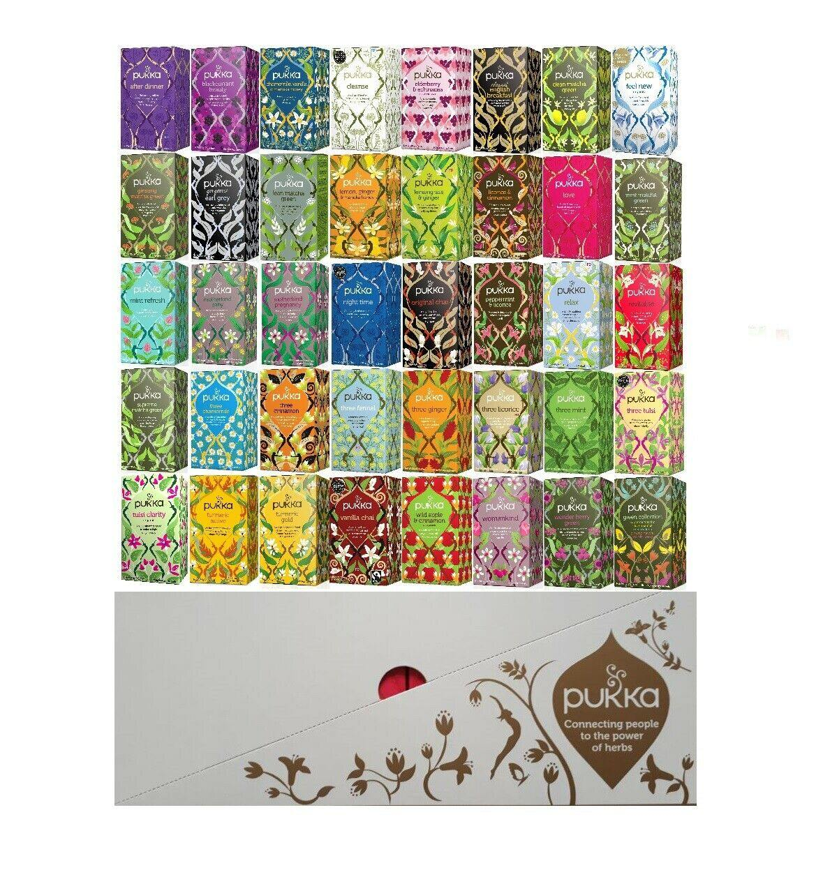 Pukka tea boxes in various flavors arranged in a grid with a white box displaying Pukka logo.