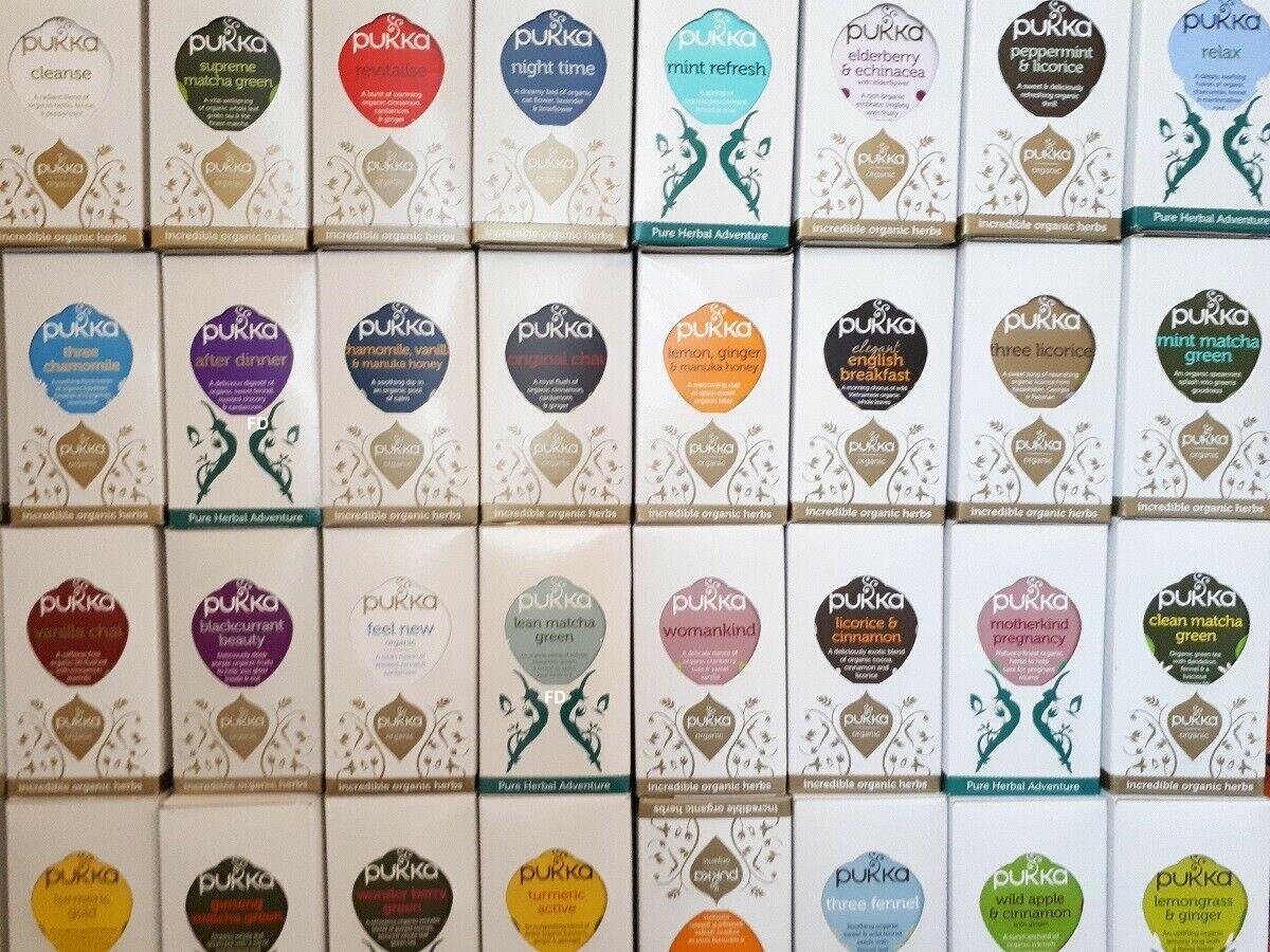 Grid of Pukka tea boxes with various flavors displayed.