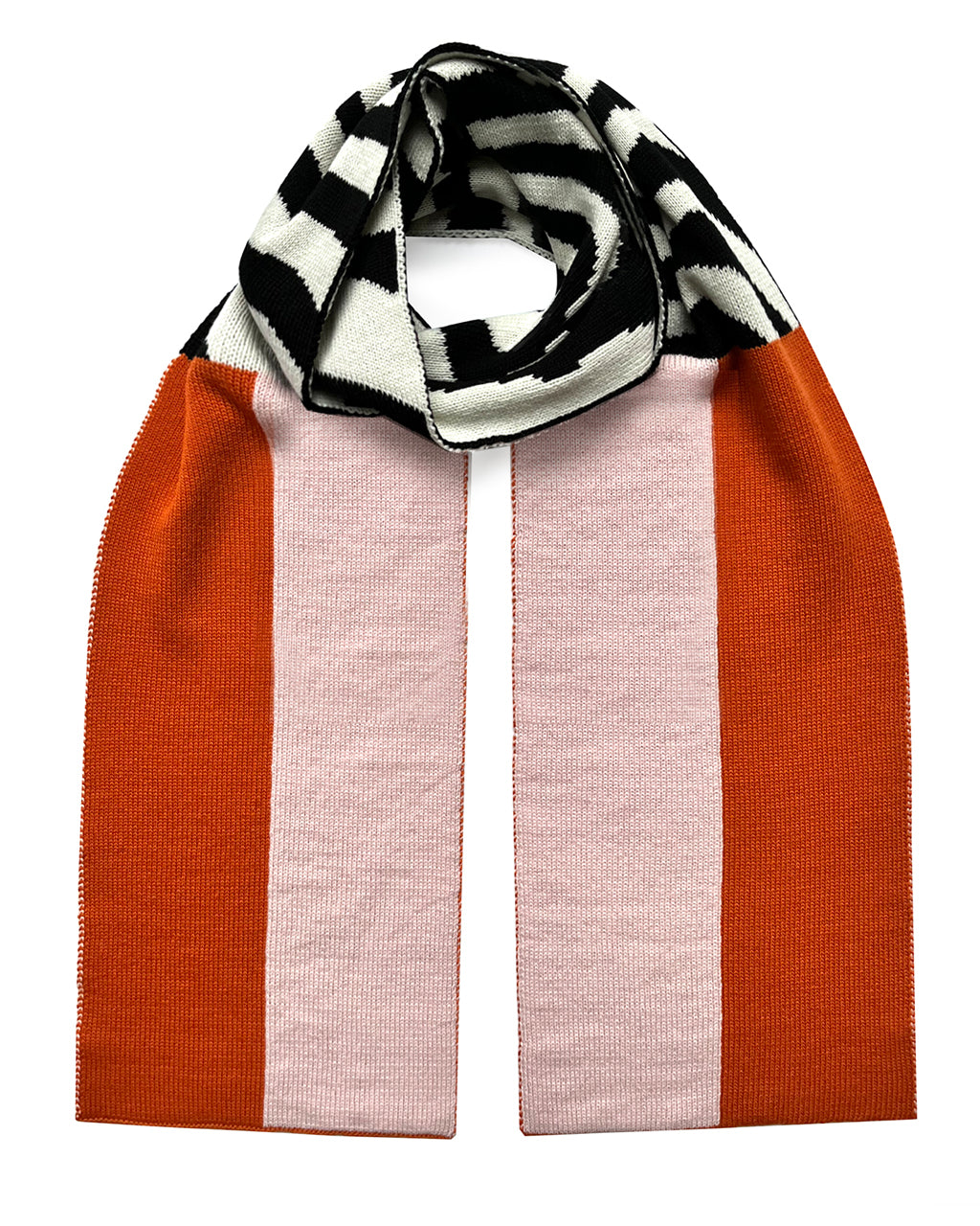 Luxuriously Soft Wool & Cashmere Scarf - Pink & Orange Color-blocked scarf and black pattern on a white background