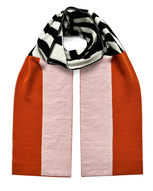 Luxuriously Soft Wool & Cashmere Scarf - Pink & Orange Color-blocked scarf and black pattern on a white background