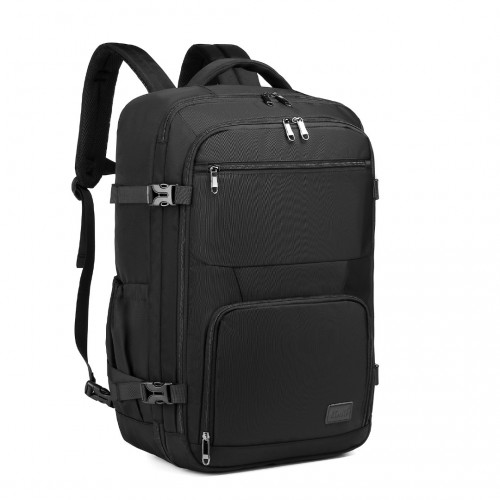 Kono Black backpack with multiple pockets and zippers on a white background