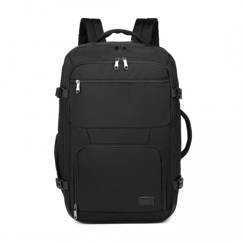 Kono Black backpack with multiple pockets and zippers on a white background