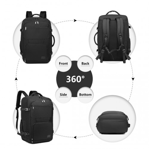 Kono Black backpack shown from multiple angles on a white background