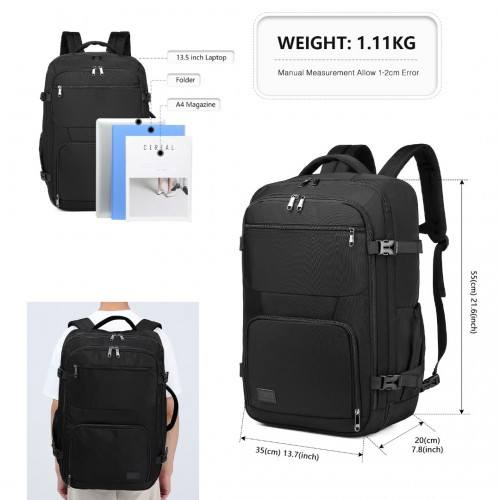Kono Black backpack with dimensions and weight information displayed on a white background