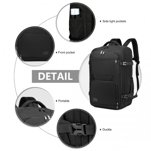 Kono Black backpack with detailed features on a white background