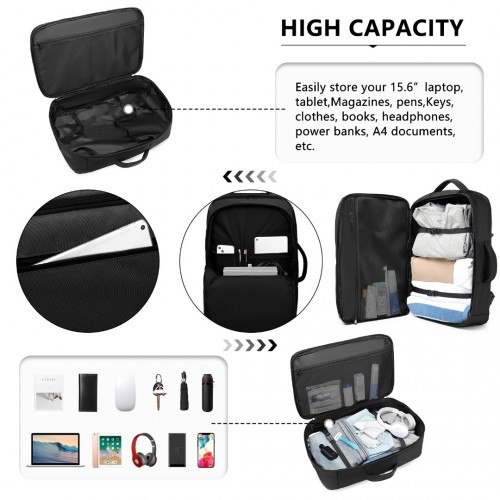 Kono Black travel backpack organizer with compartments for various items on a white background