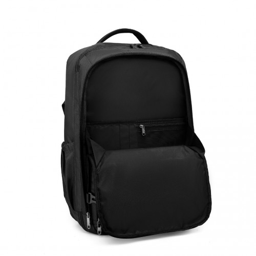 Kono Black backpack Front compartment opened on a white background