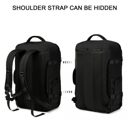 Kono Black backpack. Two images with visible shoulder straps on one and hidden on the other, on a white background.