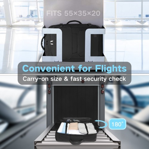 Kono black backpack being scanned through an airport security checkpoint with text indicating convenience for flights.