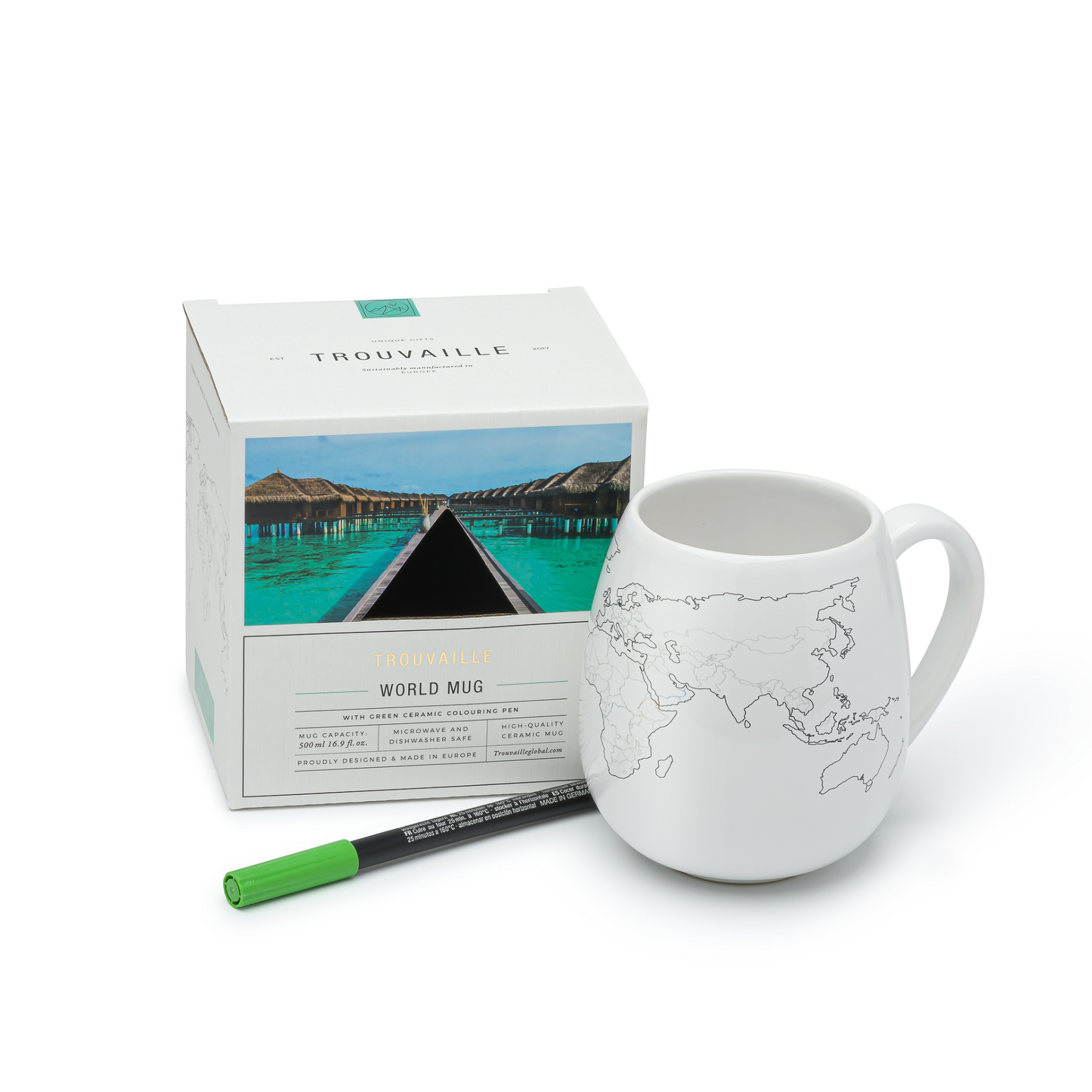 White mug with world map design, green marker, and cardboard box packaging on a white background