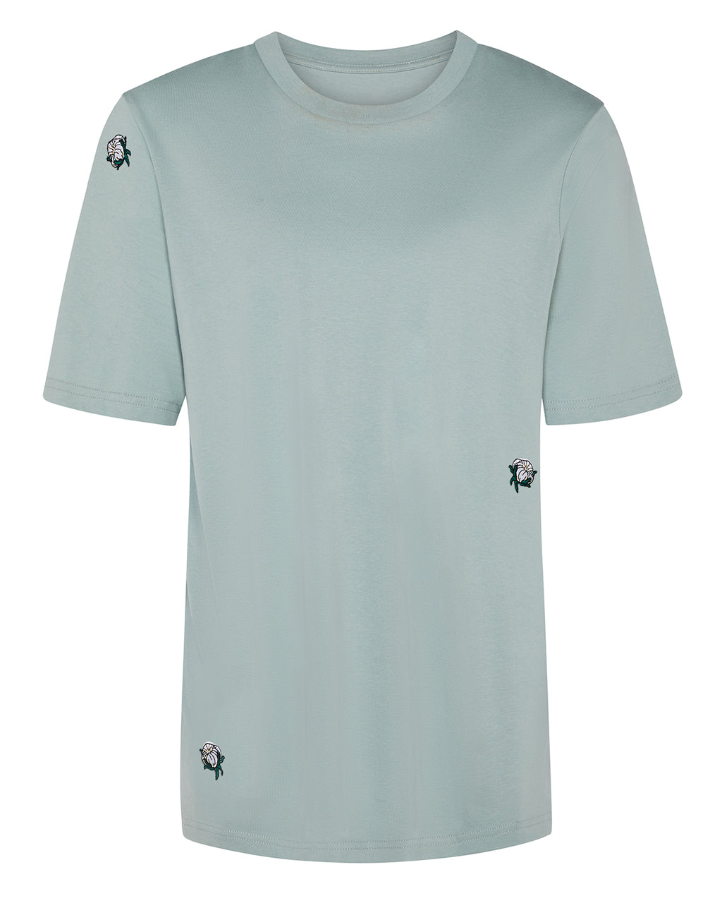 Organic Cotton Buds Embroidered T-Shirt - Soft, Sustainable Fashion in Aloe Green | Eco-Friendly Apparel on a white background