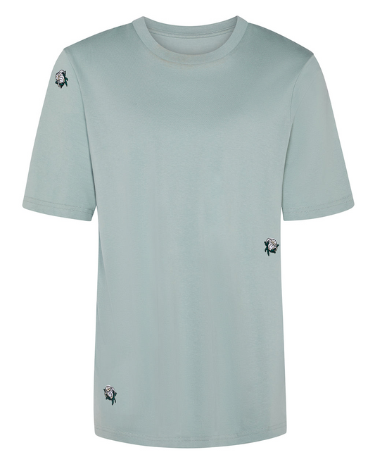 Organic Cotton Buds Embroidered T-Shirt - Soft, Sustainable Fashion in Aloe Green | Eco-Friendly Apparel on a white background