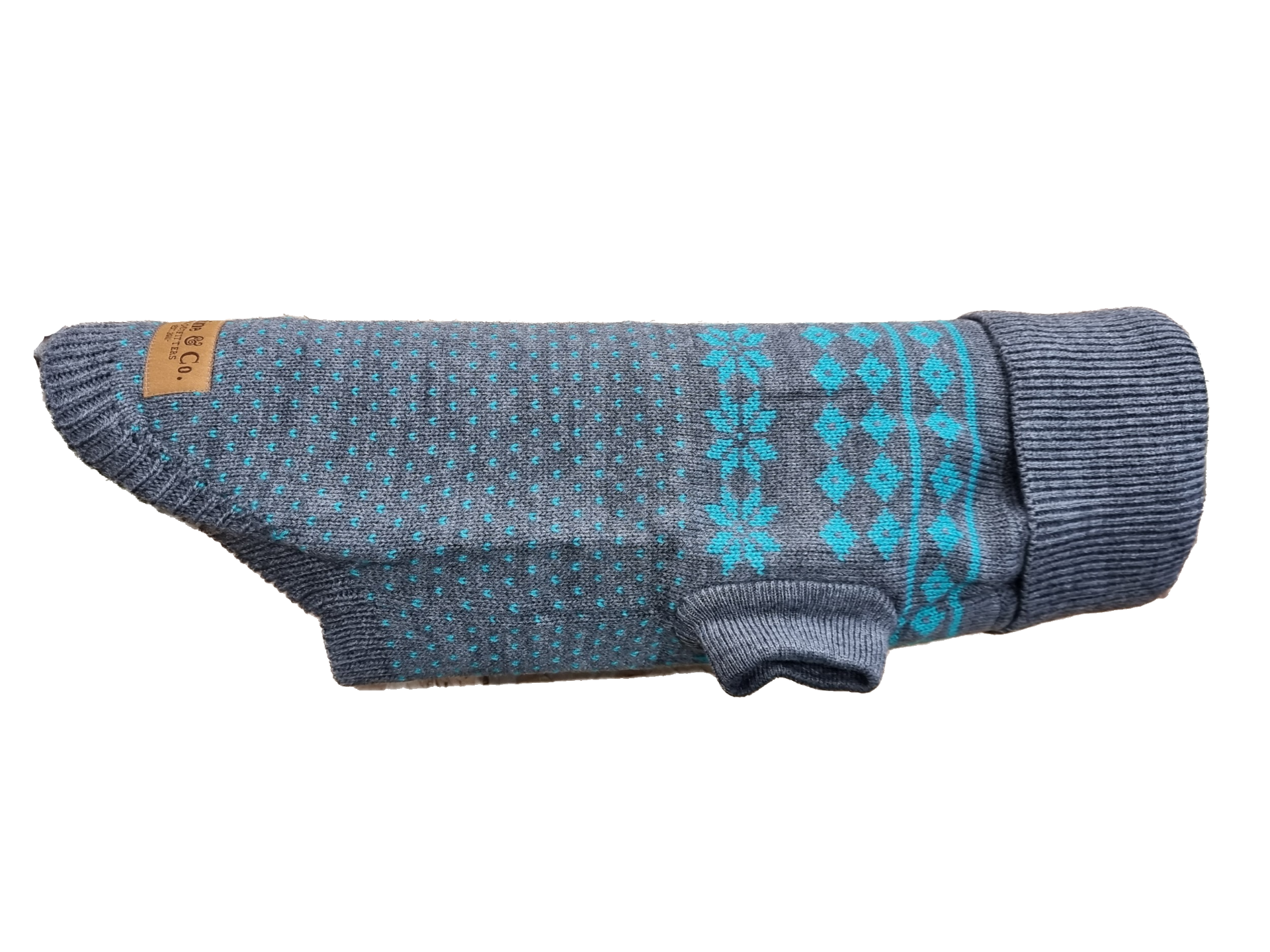 Gray dog sweater with blue pattern on a white background
