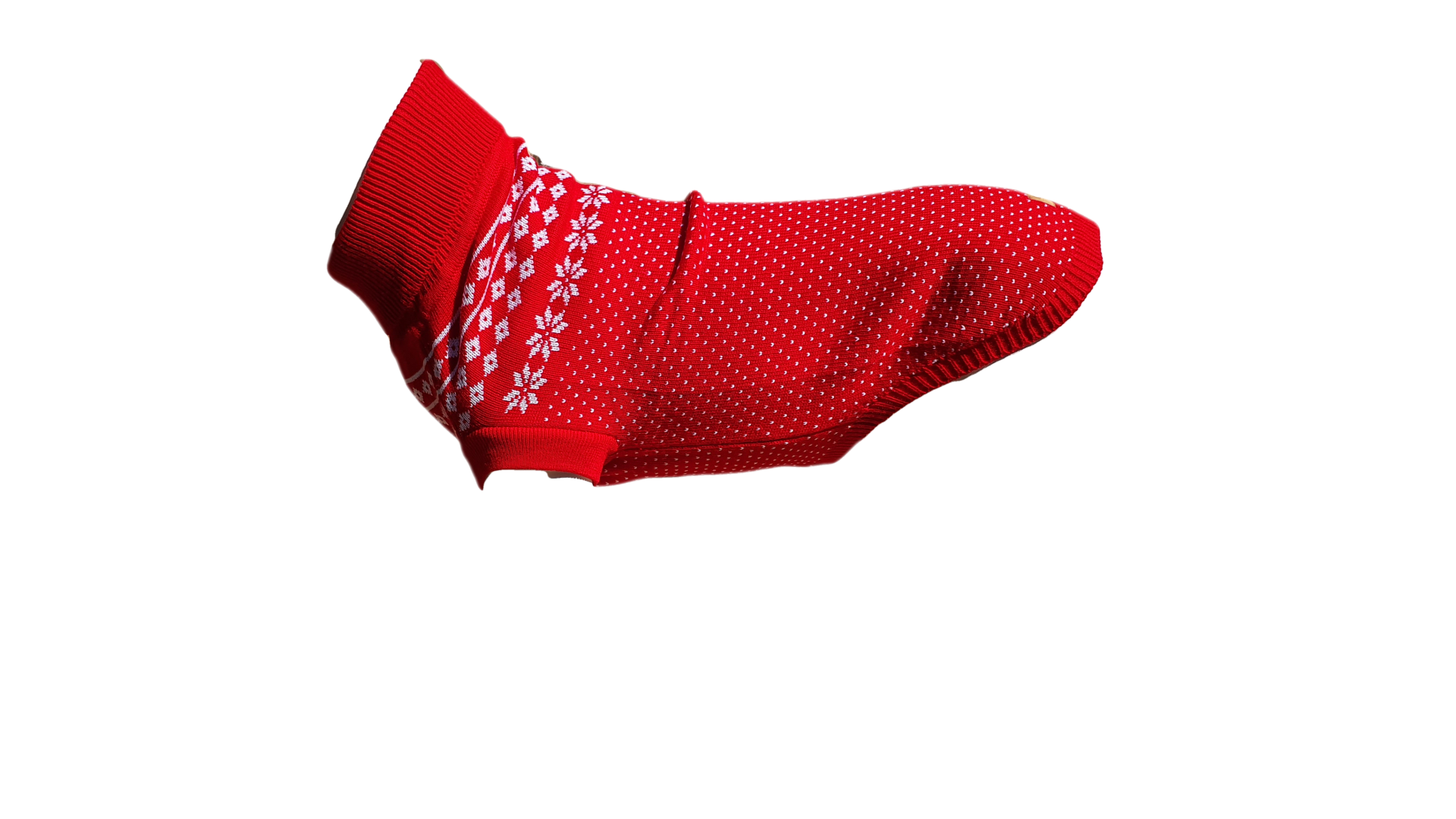 Red dog sweater with white floral pattern on a white background