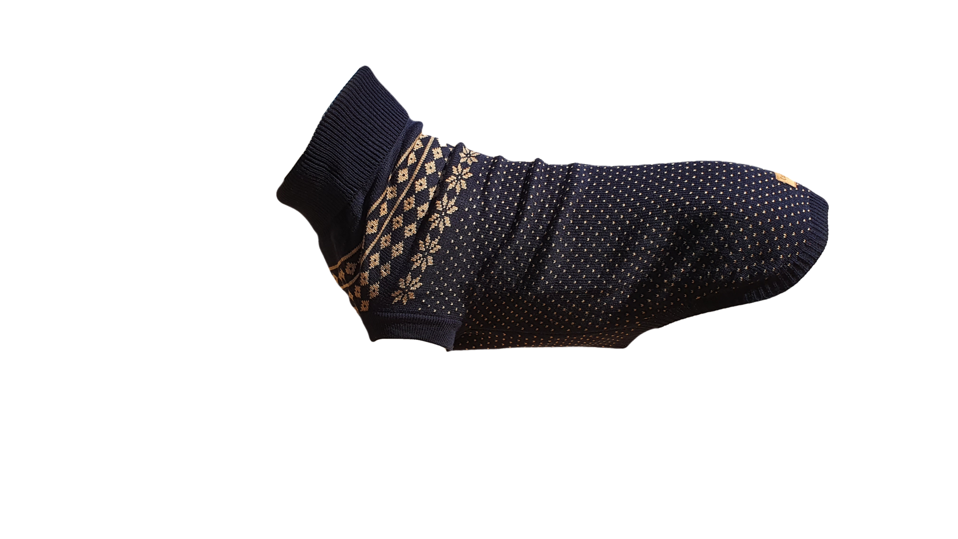 Black sweater with gold pattern on a white background