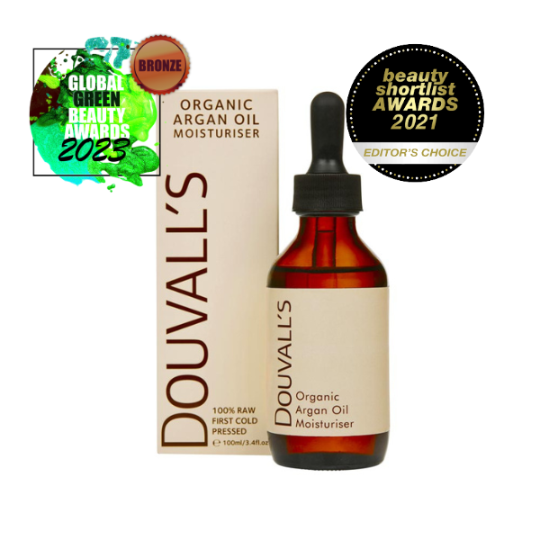 Douval's Organic Argan Oil Moisturiser with awards on a white background