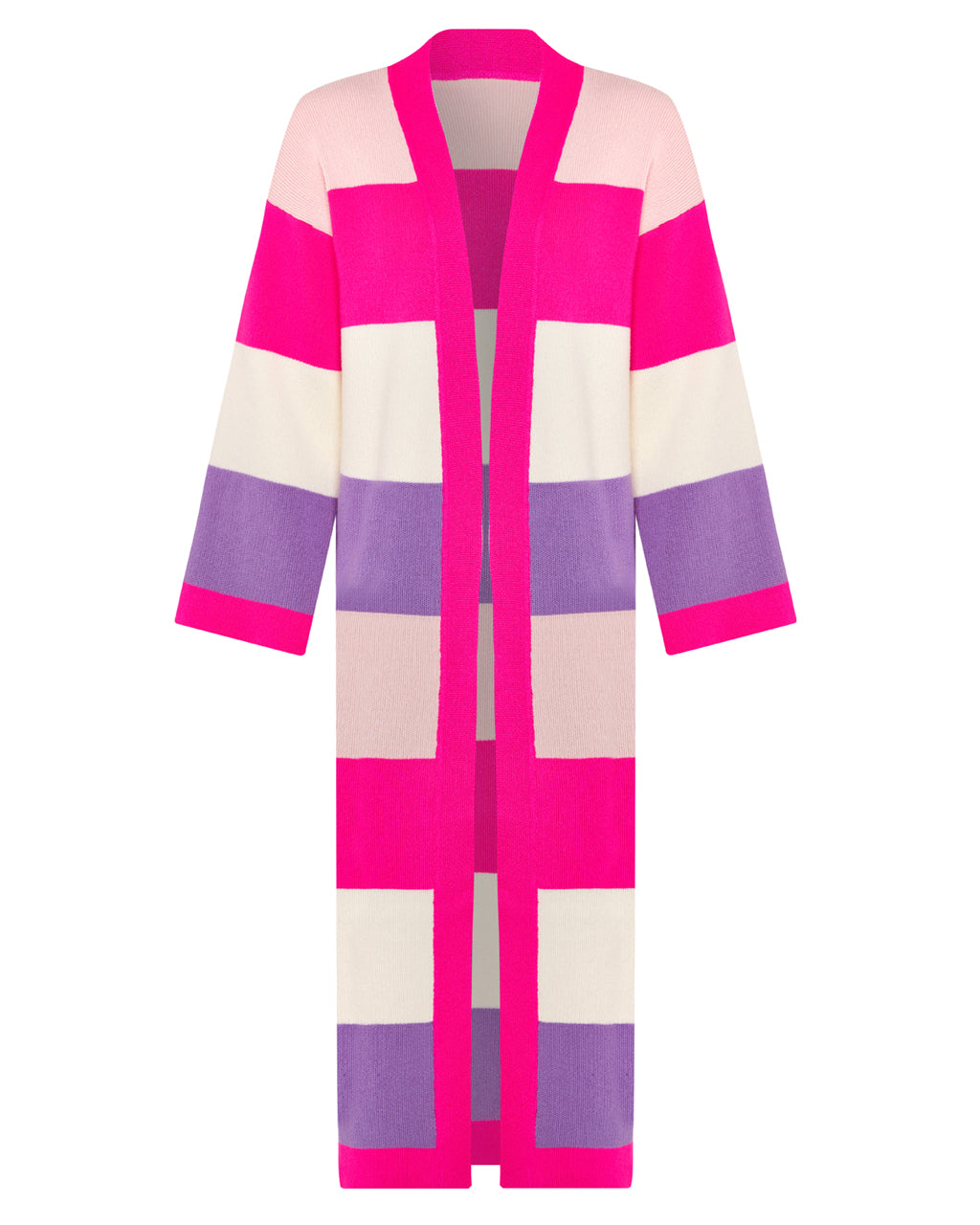 Luxurious Multicolour Striped Long Cardigan - Wool & Cashmere Blend | Sustainable & Cozy with pink, purple, and white stripes on a white background