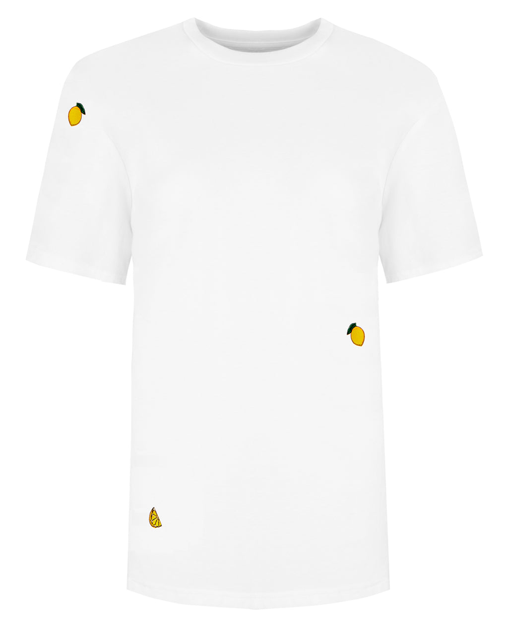 White Lemon Embroidered Organic Cotton T-Shirt with small embroidered yellow lemons on a white background