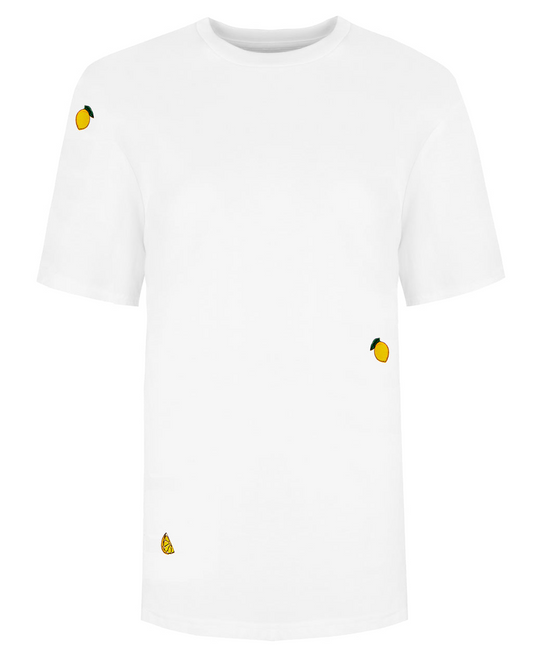 White Lemon Embroidered Organic Cotton T-Shirt – 100% Sustainable on a white background