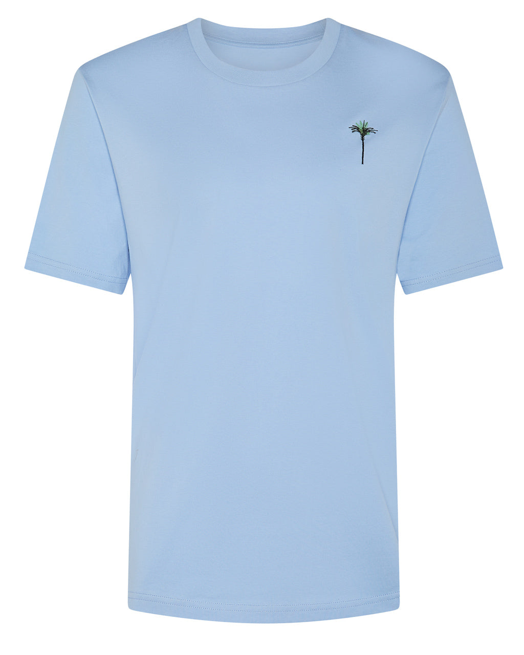 Palm Embroidered Organic Cotton Soft Blue T-Shirt on a white background
